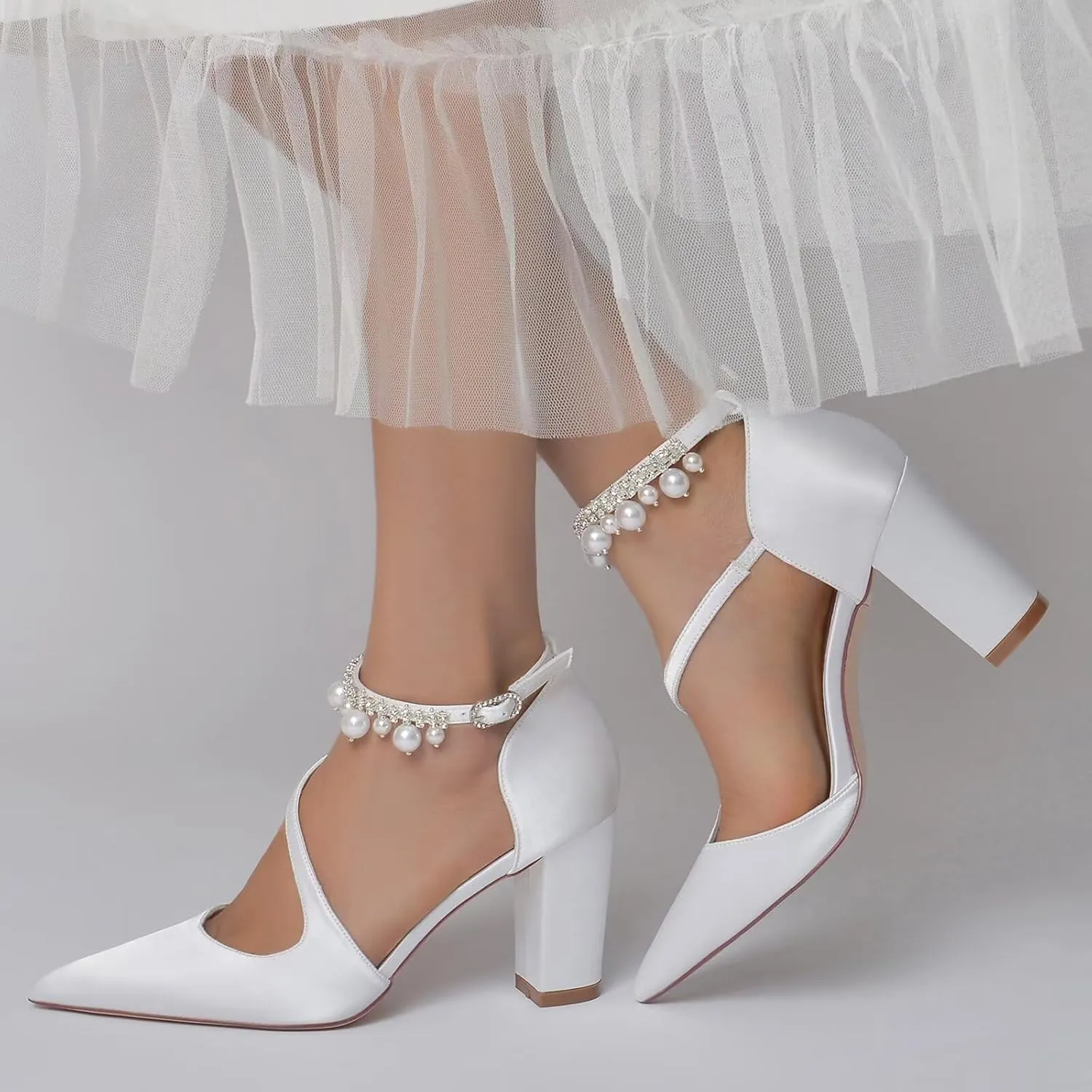 Heels Women Pumps Closed Toe Ankle Strap Pointed Toe Heeled Sandals for Women Bridal Wedding Dress Shoes Prom Evening Party Pumps,8.5CM Chunky Heel