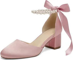 High Block Heel Wedding Closed Toe Sandals for Bride Pearl Bow Ankle Strap Women Chunky Heels Sandal Round Toe Satin Bridal Shoes
