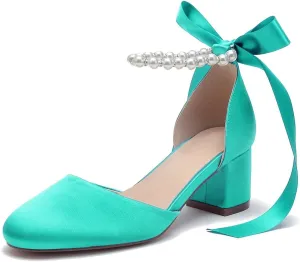 High Block Heel Wedding Closed Toe Sandals for Bride Pearl Bow Ankle Strap Women Chunky Heels Sandal Round Toe Satin Bridal Shoes