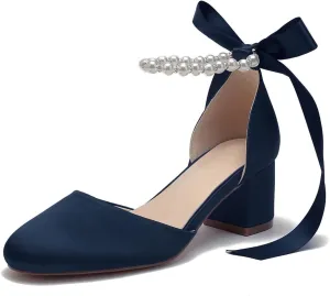 High Block Heel Wedding Closed Toe Sandals for Bride Pearl Bow Ankle Strap Women Chunky Heels Sandal Round Toe Satin Bridal Shoes
