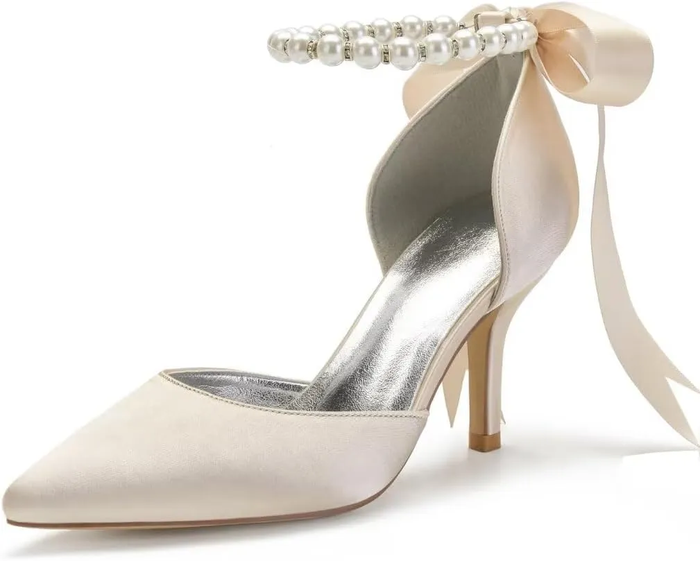 High Heel Wedding Shoes for Bride Closed Toe Pearl Bridal Heels Formal Pumps for Women Evening