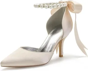 High Heel Wedding Shoes for Bride Closed Toe Pearl Bridal Heels Formal Pumps for Women Evening