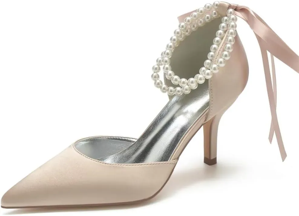 High Heel Wedding Shoes for Bride Closed Toe Pearl Bridal Heels Formal Pumps for Women Evening