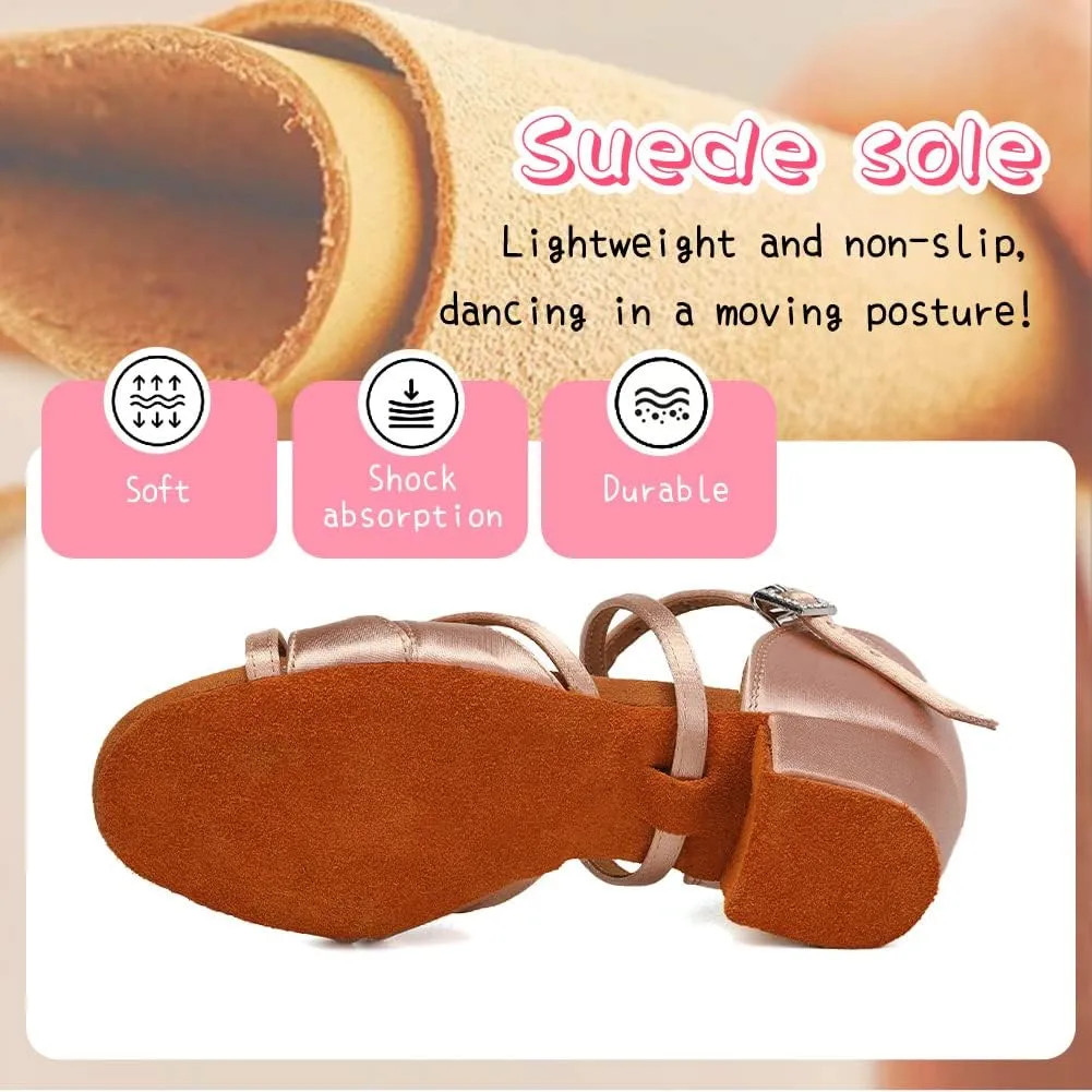 HIPPOSEUS Girls Latin Dance Shoes Silk Satin Ballroom Salsa Dance Practice Performance Shoes Suede Sole