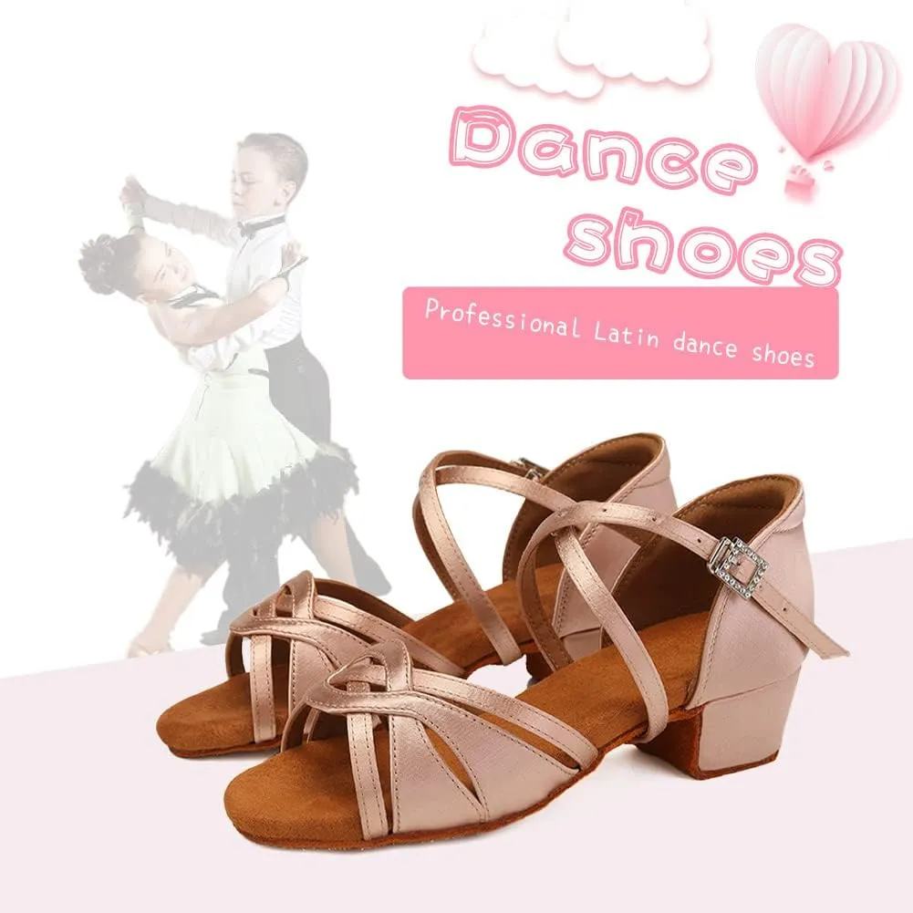HIPPOSEUS Girls Latin Dance Shoes Silk Satin Ballroom Salsa Dance Practice Performance Shoes Suede Sole