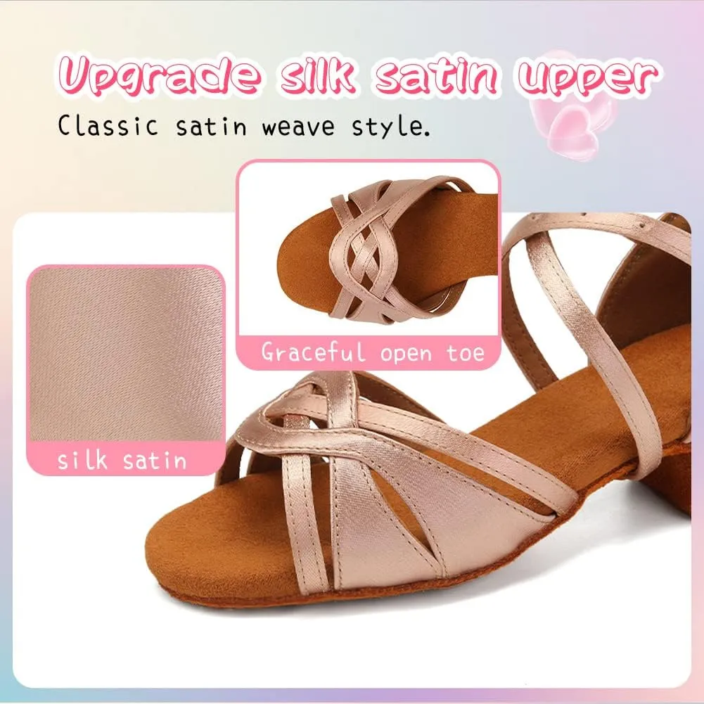HIPPOSEUS Girls Latin Dance Shoes Silk Satin Ballroom Salsa Dance Practice Performance Shoes Suede Sole