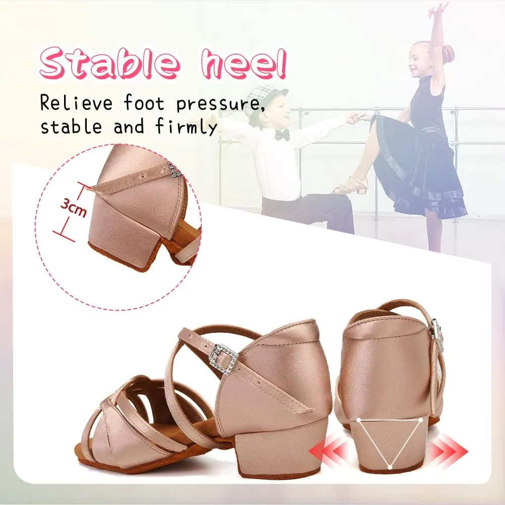 HIPPOSEUS Girls Latin Dance Shoes Silk Satin Ballroom Salsa Dance Practice Performance Shoes Suede Sole