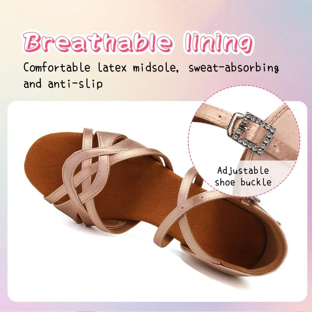 HIPPOSEUS Girls Latin Dance Shoes Silk Satin Ballroom Salsa Dance Practice Performance Shoes Suede Sole