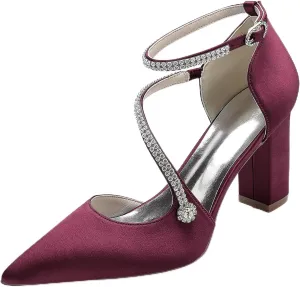 HNVAVQ Women's Chunky Block Heel Bridal Sandals Ankle Strap Court Shoes Wedding Dress Shoes Pointed Toe Satin Prom Evening Party Pumps for Bride Bridesmaid