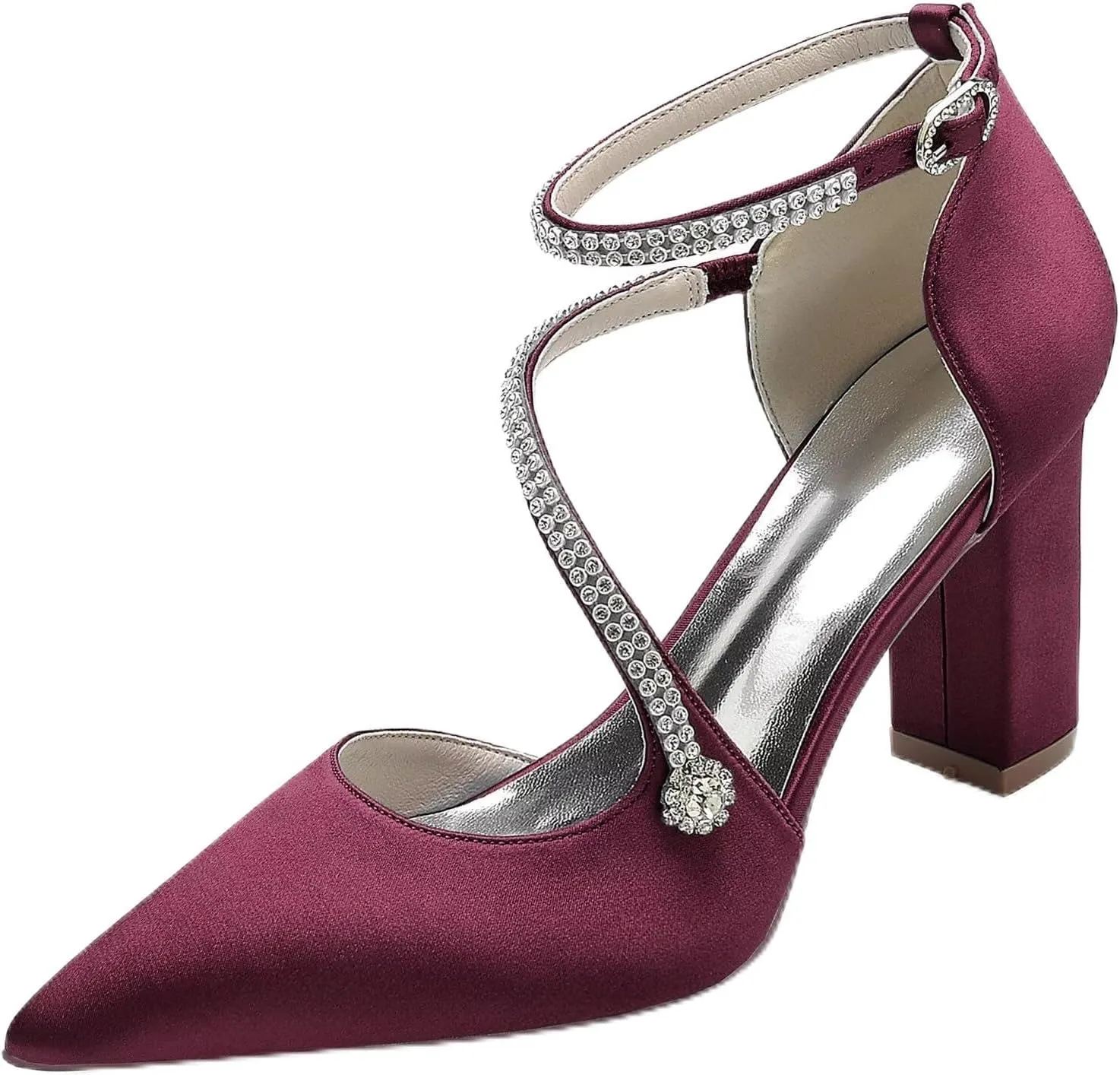 HNVAVQ Women's Chunky Block Heel Bridal Sandals Ankle Strap Court Shoes Wedding Dress Shoes Pointed Toe Satin Prom Evening Party Pumps for Bride Bridesmaid