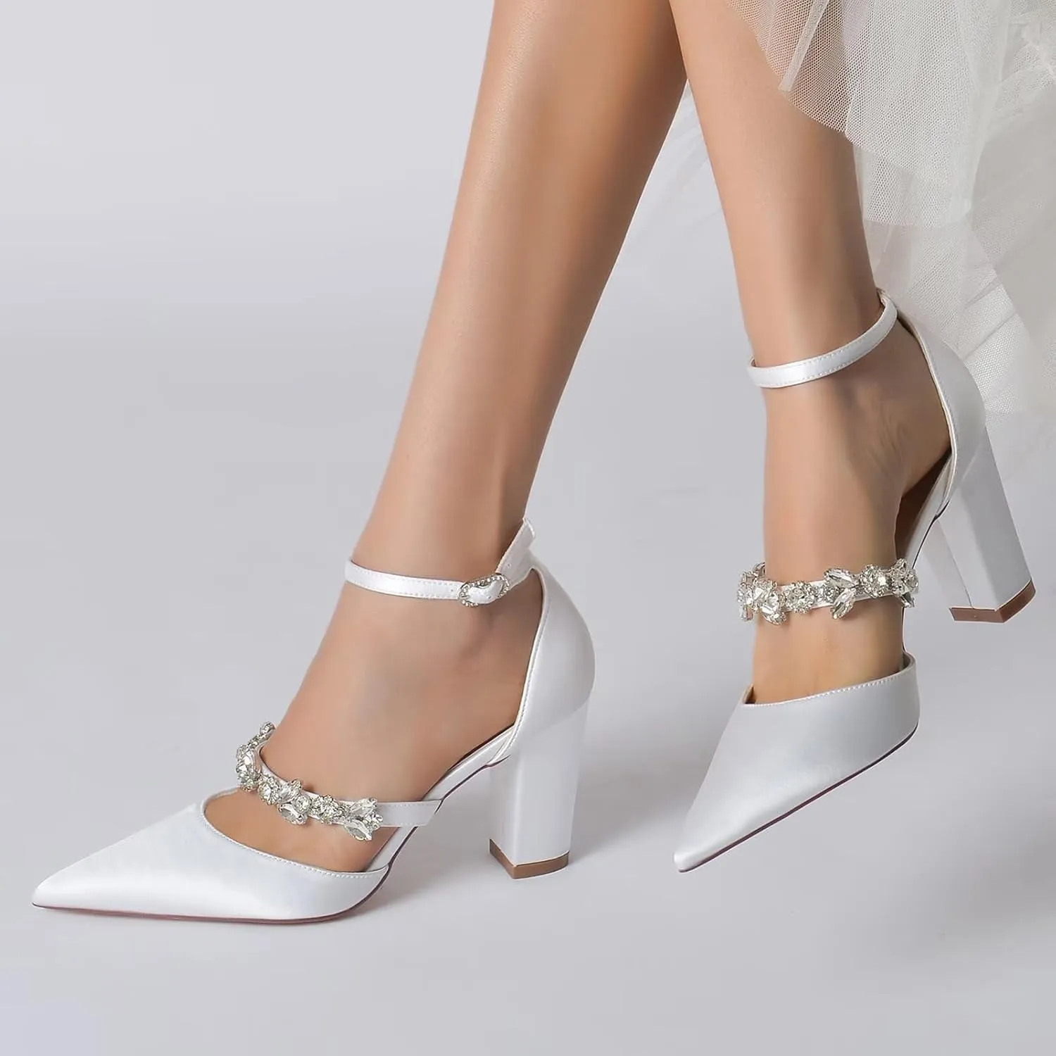 HNVAVQ Women's Court Shoes Closed Toe High Heels Pointed Toe Strappy Rhinestone Elegant Dress Wedding Party Pumps Shoes Satin Bridal Sandals