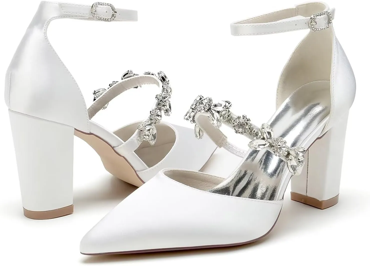 HNVAVQ Women's Court Shoes Closed Toe High Heels Pointed Toe Strappy Rhinestone Elegant Dress Wedding Party Pumps Shoes Satin Bridal Sandals