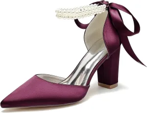 HNVAVQ Women's Pointed Toe Wedding Shoes for Bride Mid Heels Bridal Shoes Chunky Block Heels Comfortable Pumps Ankle Strap