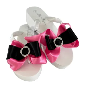 Hot Pink & Black Satin Rhinestone Bow Flip Flops, Infinity Circle Embellishment, Ladies Sandals in Wedge or Flat, Customize Your Colors, Wedding Bridal, Quinceanera, Vow Renewal, Reception