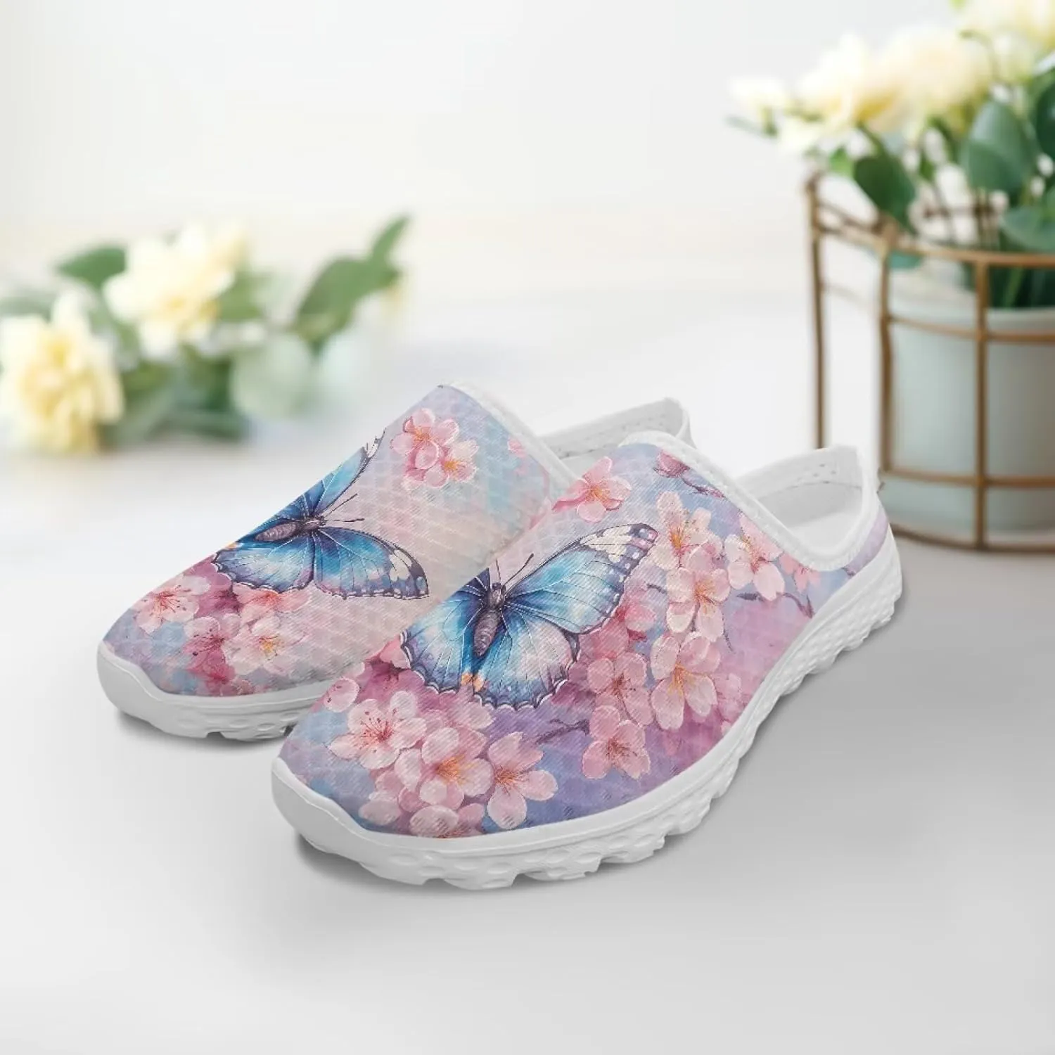 Howilath Butterfly & Dragonfly Mule Tennis Shoes for Women Anti-Slip Mule Sneakers Slip on Tennis Shoes Casual Loafers