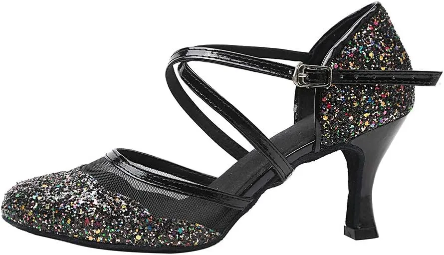 HROYL Closed Toe Ballroom Dance Shoes Women Ankle Strap Sequin Latin Salsa Tango Wedding Dance Shoes,Model YCL267
