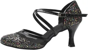 HROYL Closed Toe Ballroom Dance Shoes Women Ankle Strap Sequin Latin Salsa Tango Wedding Dance Shoes,Model YCL267
