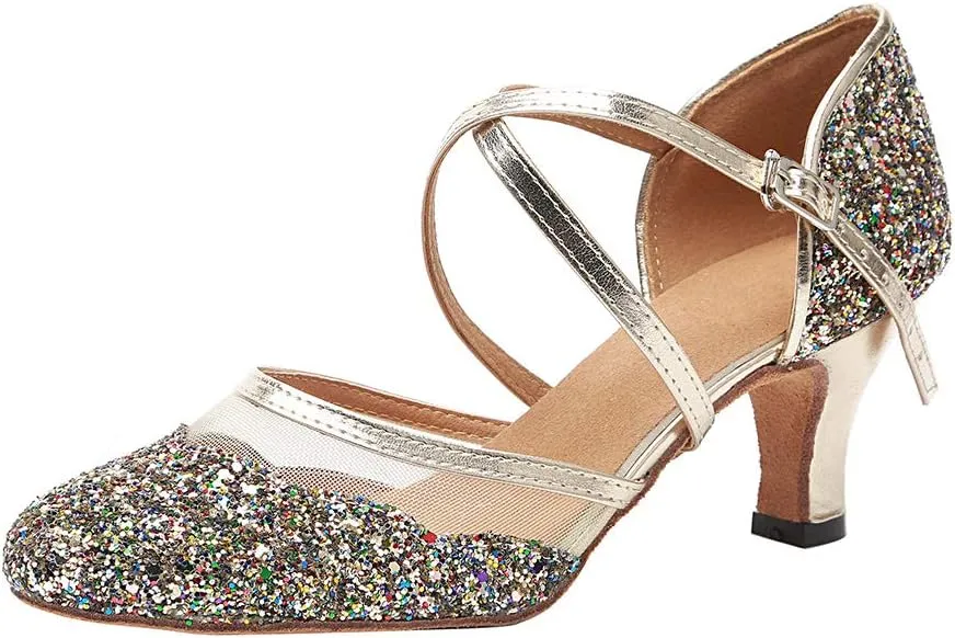 HROYL Closed Toe Ballroom Dance Shoes Women Ankle Strap Sequin Latin Salsa Tango Wedding Dance Shoes,Model YCL267