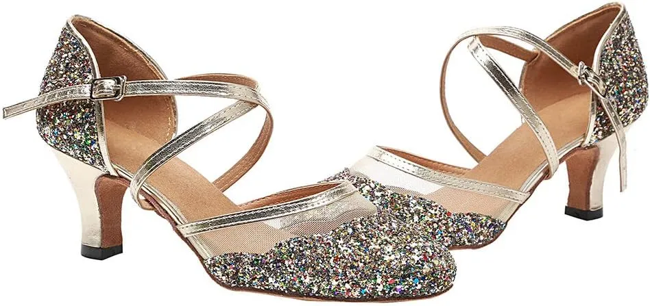 HROYL Closed Toe Ballroom Dance Shoes Women Ankle Strap Sequin Latin Salsa Tango Wedding Dance Shoes,Model YCL267