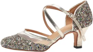 HROYL Closed Toe Ballroom Dance Shoes Women Ankle Strap Sequin Latin Salsa Tango Wedding Dance Shoes,Model YCL267
