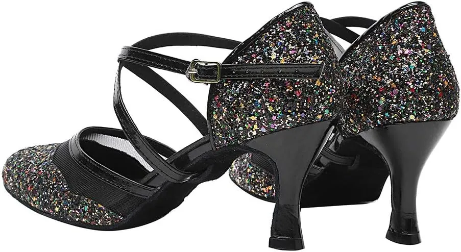 HROYL Closed Toe Ballroom Dance Shoes Women Ankle Strap Sequin Latin Salsa Tango Wedding Dance Shoes,Model YCL267
