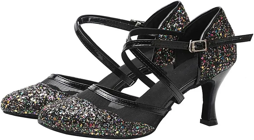 HROYL Closed Toe Ballroom Dance Shoes Women Ankle Strap Sequin Latin Salsa Tango Wedding Dance Shoes,Model YCL267