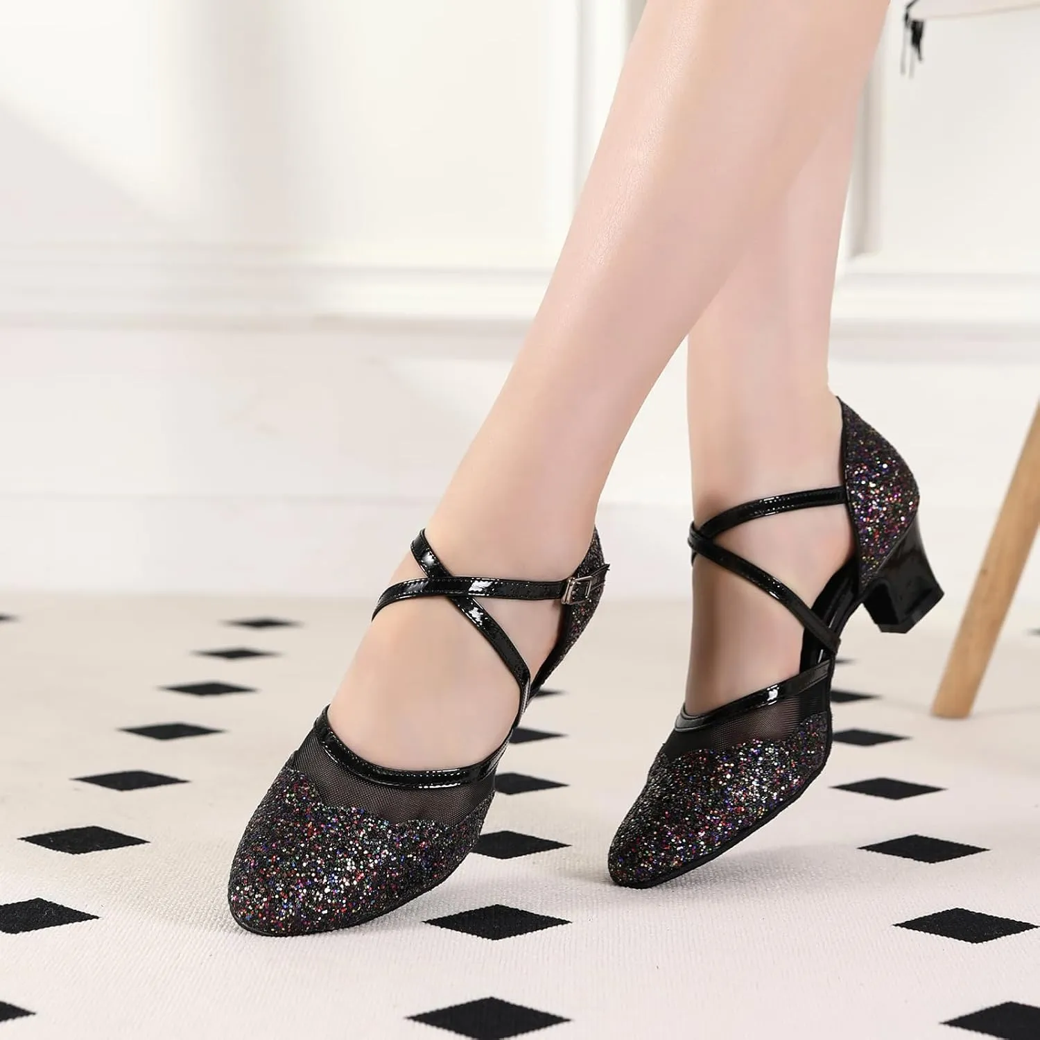 HROYL Closed Toe Ballroom Dance Shoes Women Ankle Strap Sequin Latin Salsa Tango Wedding Dance Shoes,Model YCL267