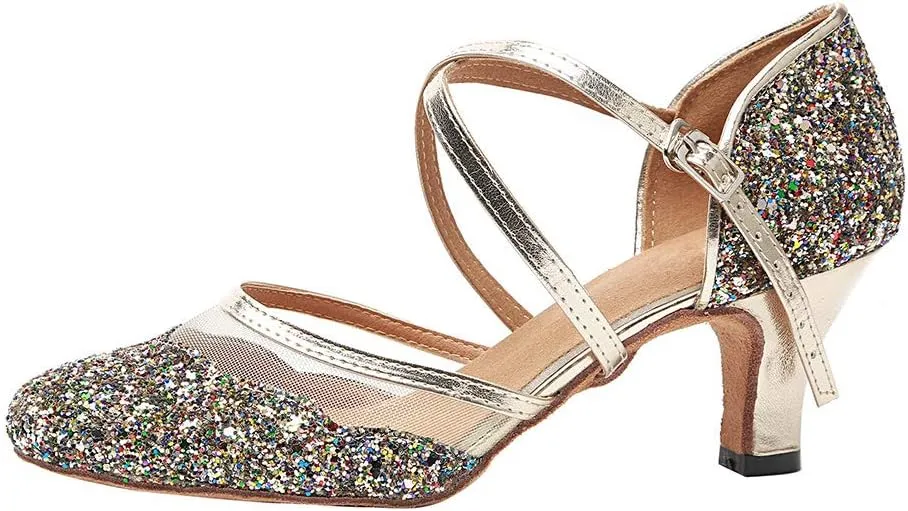 HROYL Closed Toe Ballroom Dance Shoes Women Ankle Strap Sequin Latin Salsa Tango Wedding Dance Shoes,Model YCL267