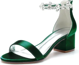 Hyinlays Women's Block Heel Chunky Crystal Sandals Satin Wedding Dress Shoes Low Heel for Bride Evening Prom Party Pumps