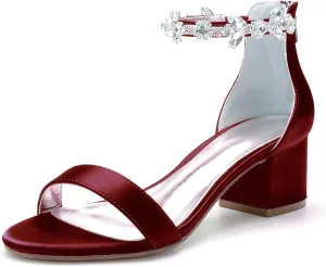 Hyinlays Women's Block Heel Chunky Crystal Sandals Satin Wedding Dress Shoes Low Heel for Bride Evening Prom Party Pumps