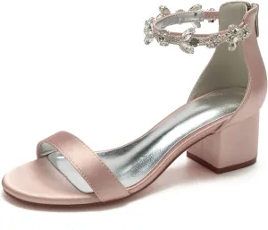 Hyinlays Women's Block Heel Chunky Crystal Sandals Satin Wedding Dress Shoes Low Heel for Bride Evening Prom Party Pumps