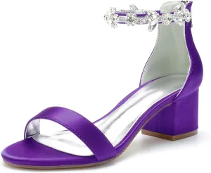 Hyinlays Women's Block Heel Chunky Crystal Sandals Satin Wedding Dress Shoes Low Heel for Bride Evening Prom Party Pumps