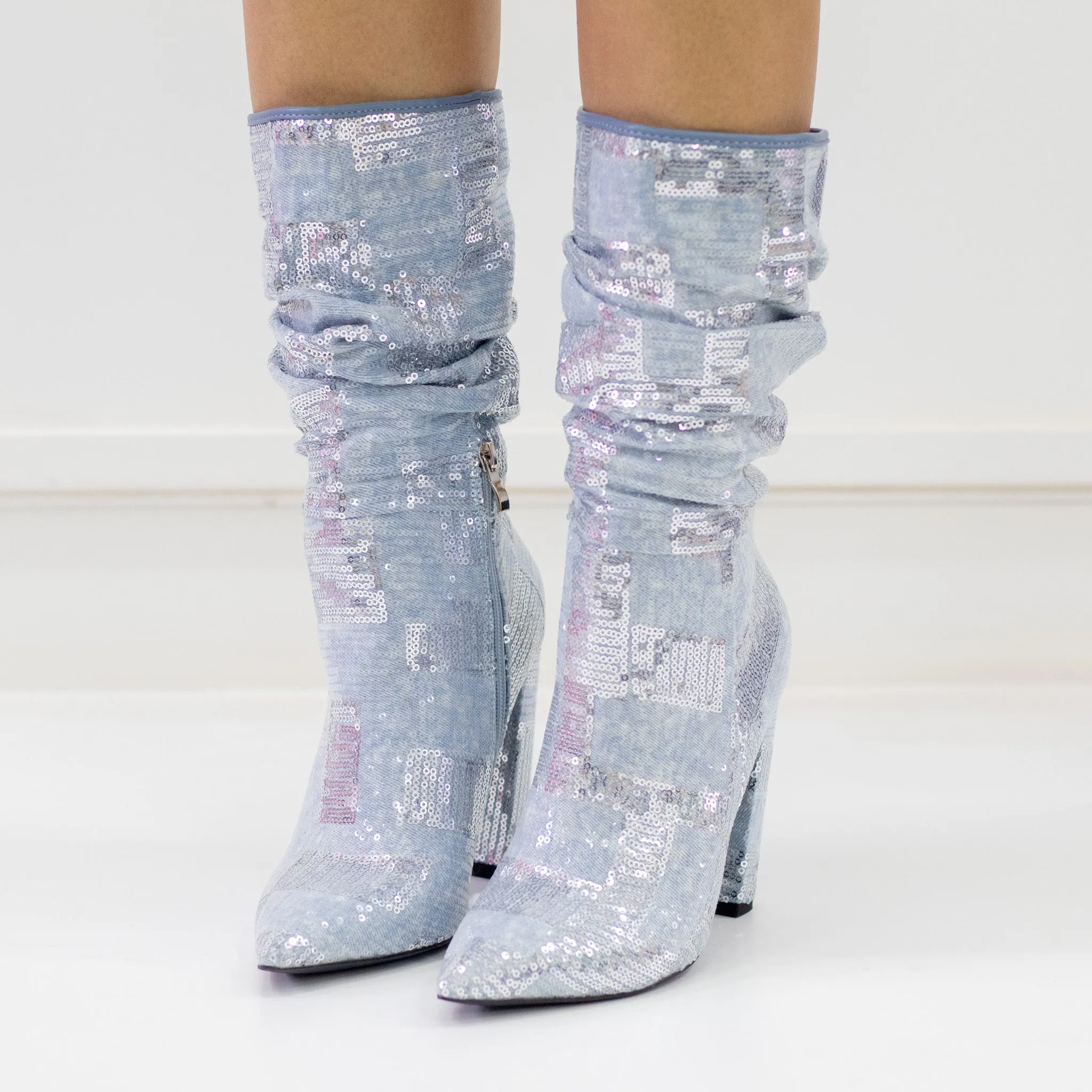 Icon 11cm heel sequin embellished mid-calf pointy bootie blue