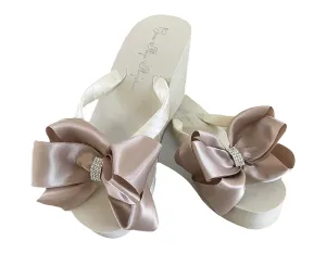 Ivory Flip Flops with Rhinestone Jewel Satin Bows, White, 2 Inch, 3.5 or Flat Heel, Wedding