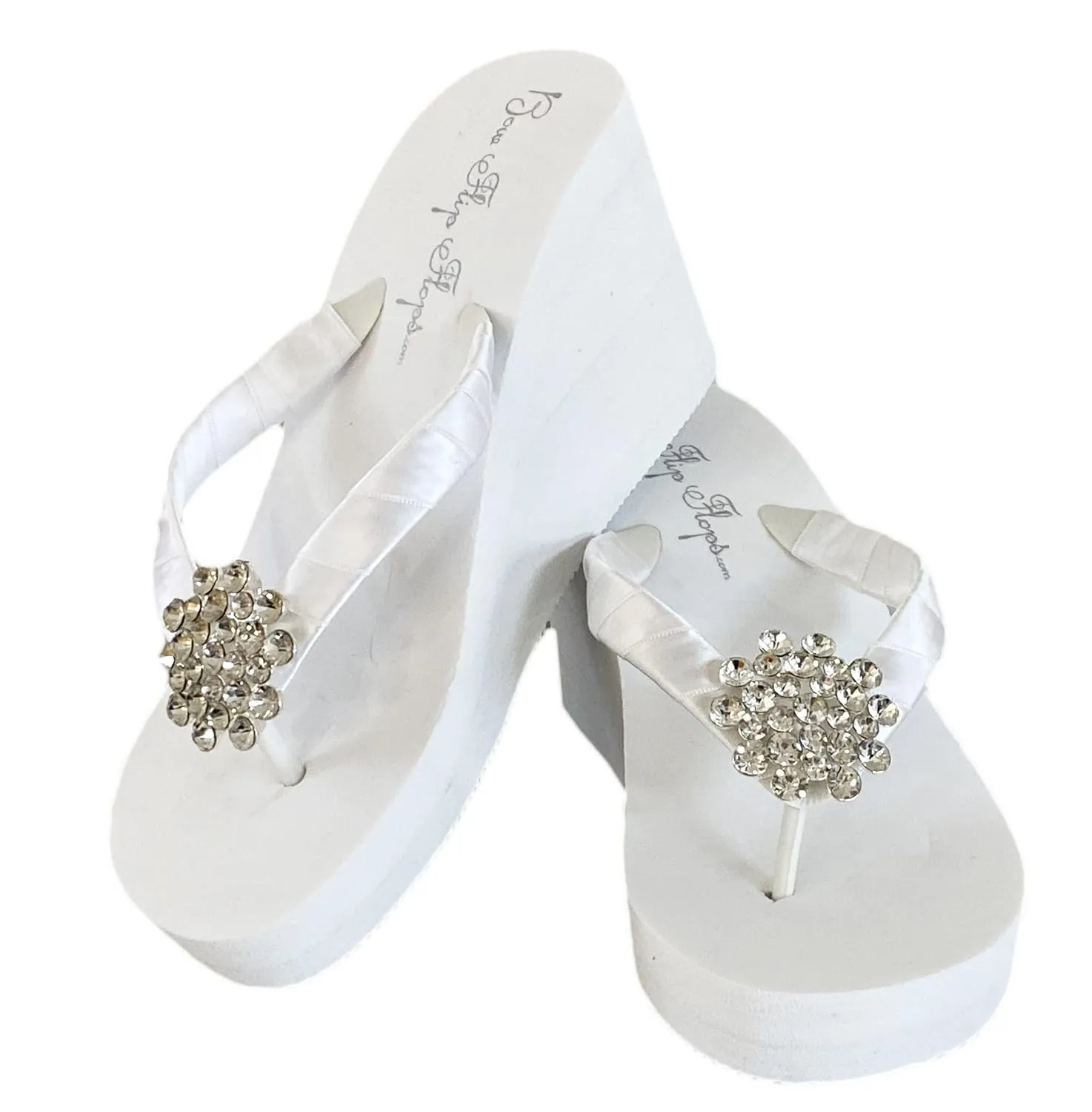 Jewel Rhinestone Flip Flops in Ivory or White, High Platform 3.5 Inch, Low Ivory or Flat