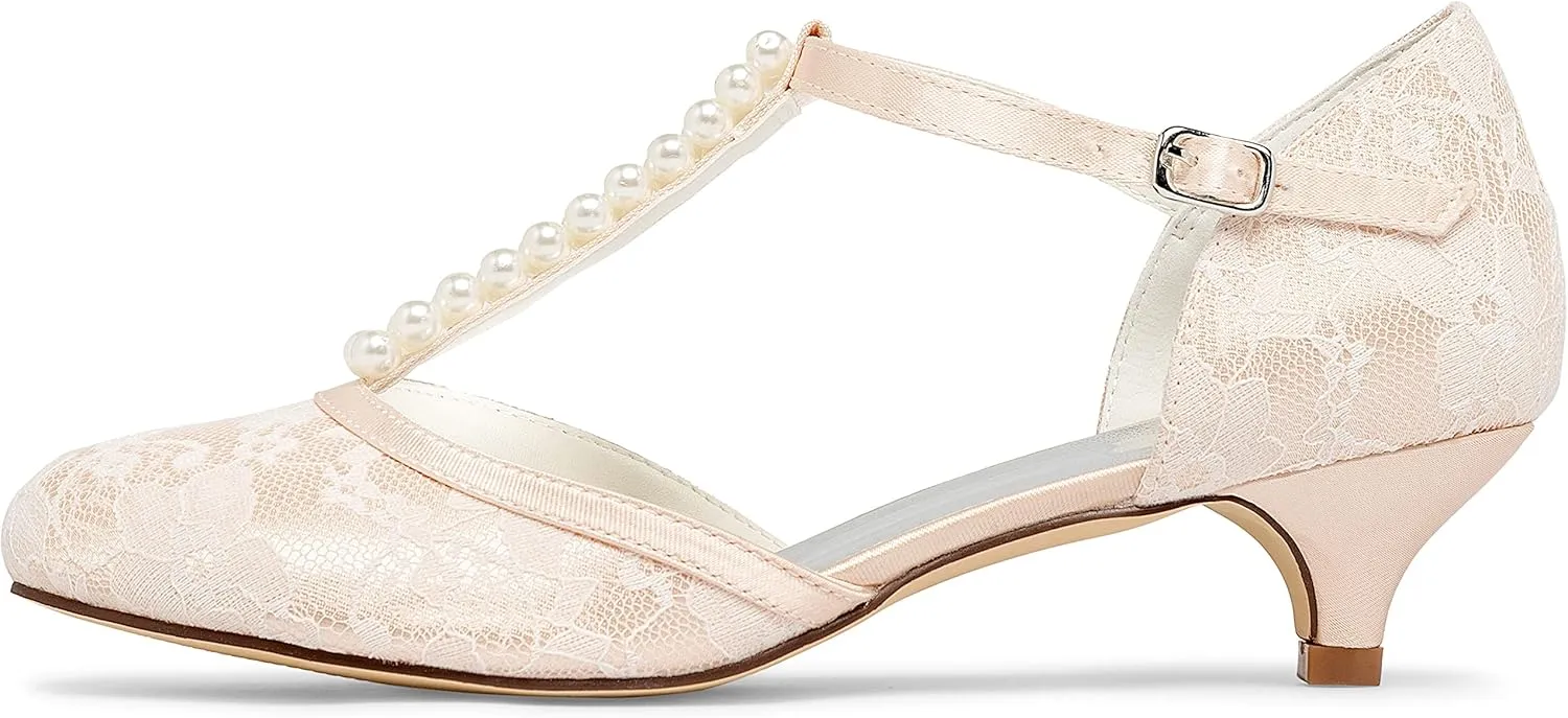 JIAJIA 01129 Women's Bridal Shoes Closed Toe T-Strap 1.8'' Low Heel Lace Satin Pumps Imitation Wedding Shoes