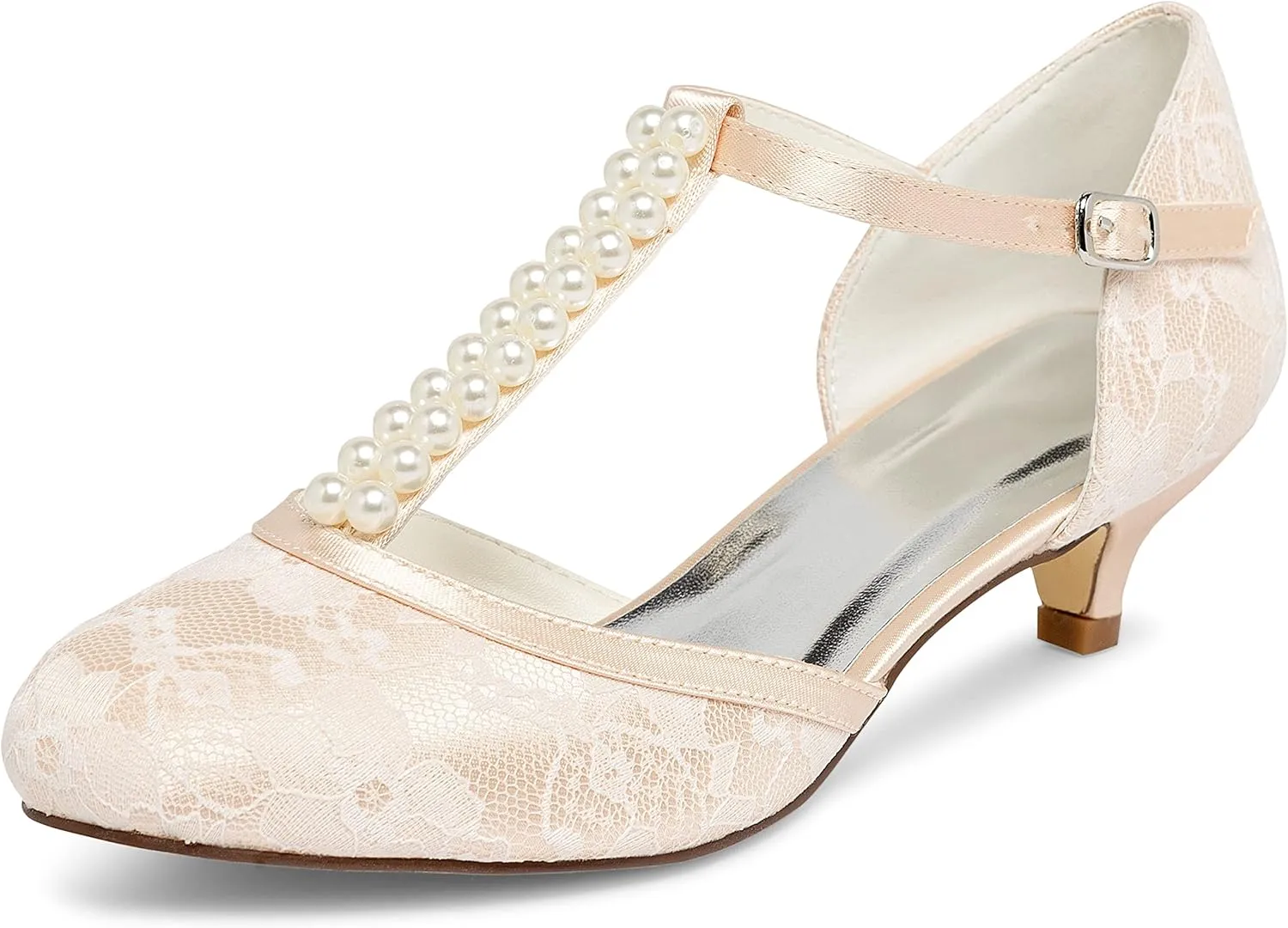 JIAJIA 01129 Women's Bridal Shoes Closed Toe T-Strap 1.8'' Low Heel Lace Satin Pumps Imitation Wedding Shoes