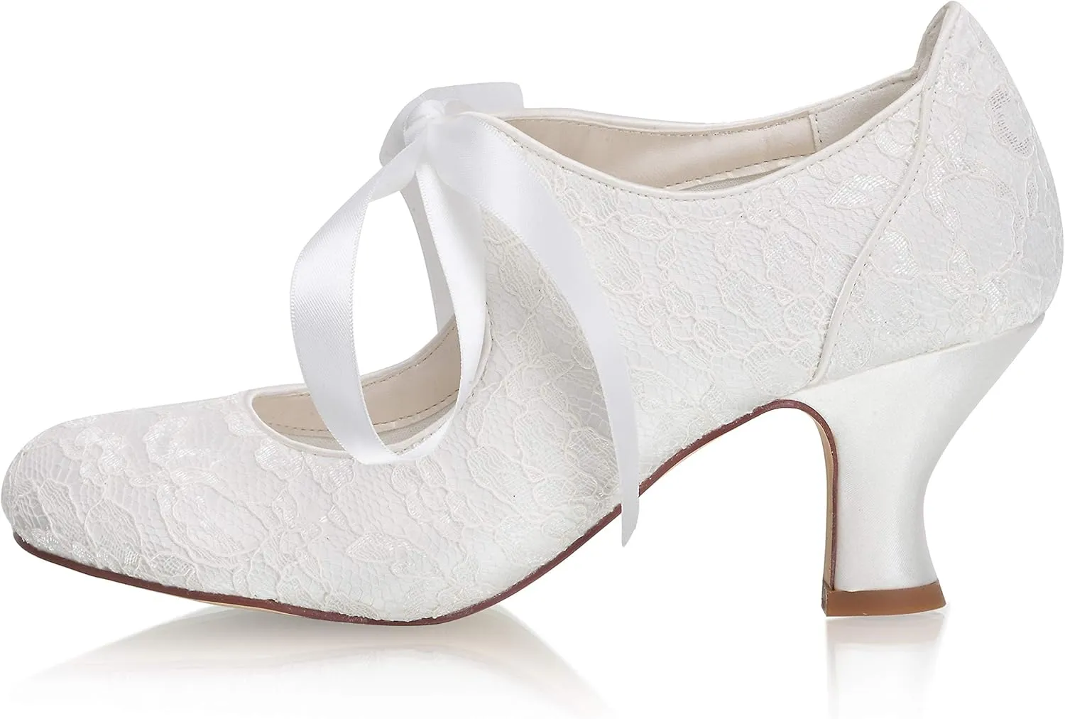 JIAJIA 110111 Women's Memory Foam Bridal Shoes Closed Toe 2.4'' Block Mid Heel Lace Satin Pumps Ribbon Tie Wedding Shoes