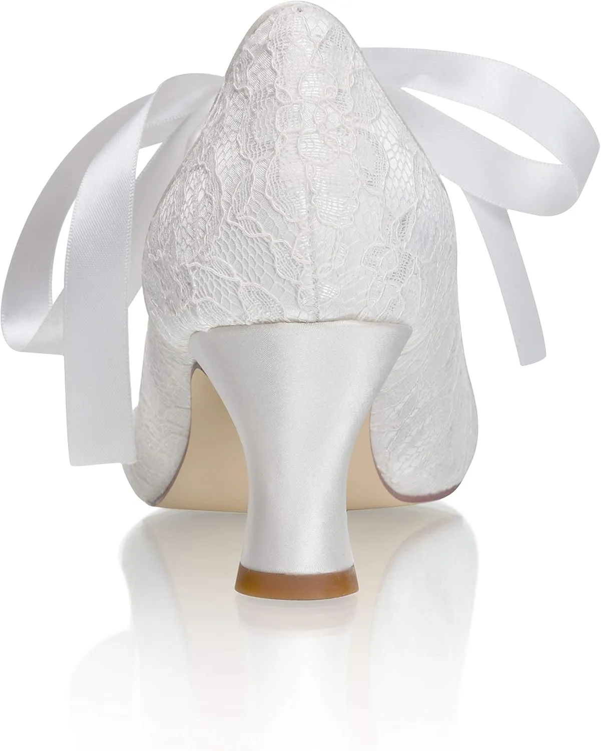 JIAJIA 110111 Women's Memory Foam Bridal Shoes Closed Toe 2.4'' Block Mid Heel Lace Satin Pumps Ribbon Tie Wedding Shoes