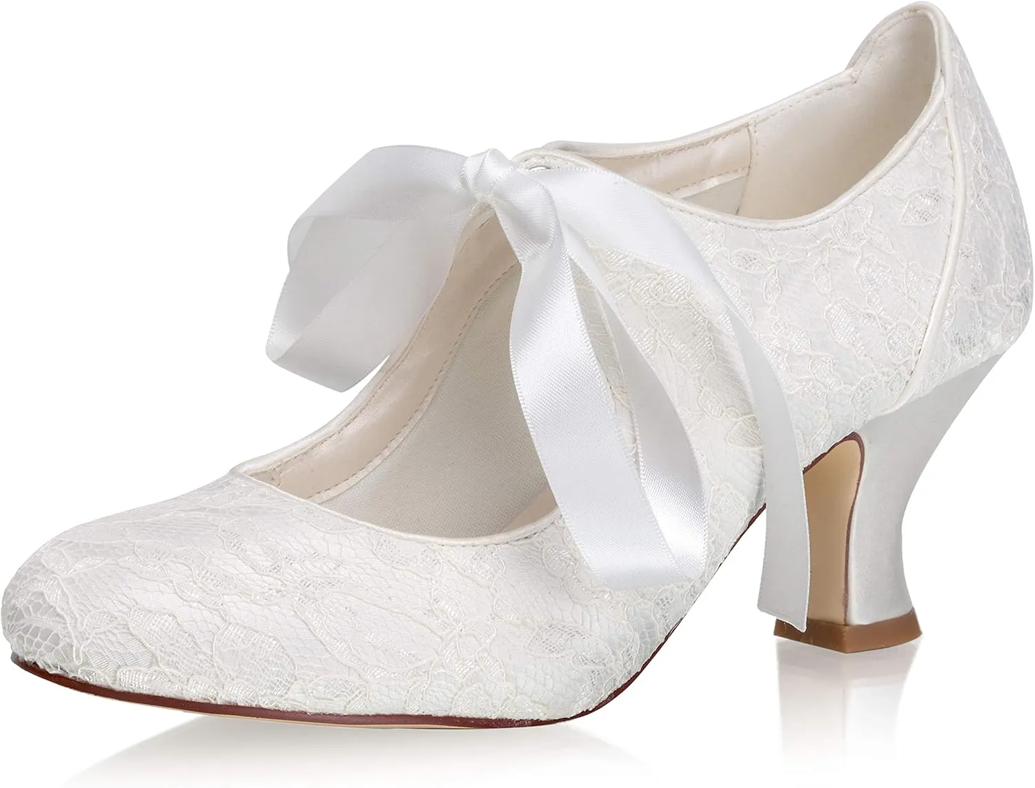 JIAJIA 110111 Women's Memory Foam Bridal Shoes Closed Toe 2.4'' Block Mid Heel Lace Satin Pumps Ribbon Tie Wedding Shoes