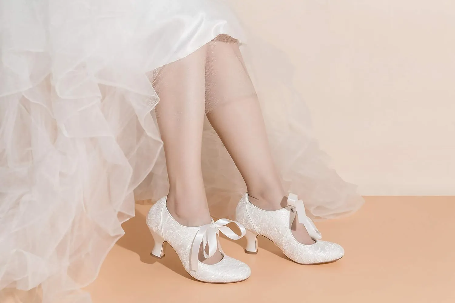 JIAJIA 110111 Women's Memory Foam Bridal Shoes Closed Toe 2.4'' Block Mid Heel Lace Satin Pumps Ribbon Tie Wedding Shoes