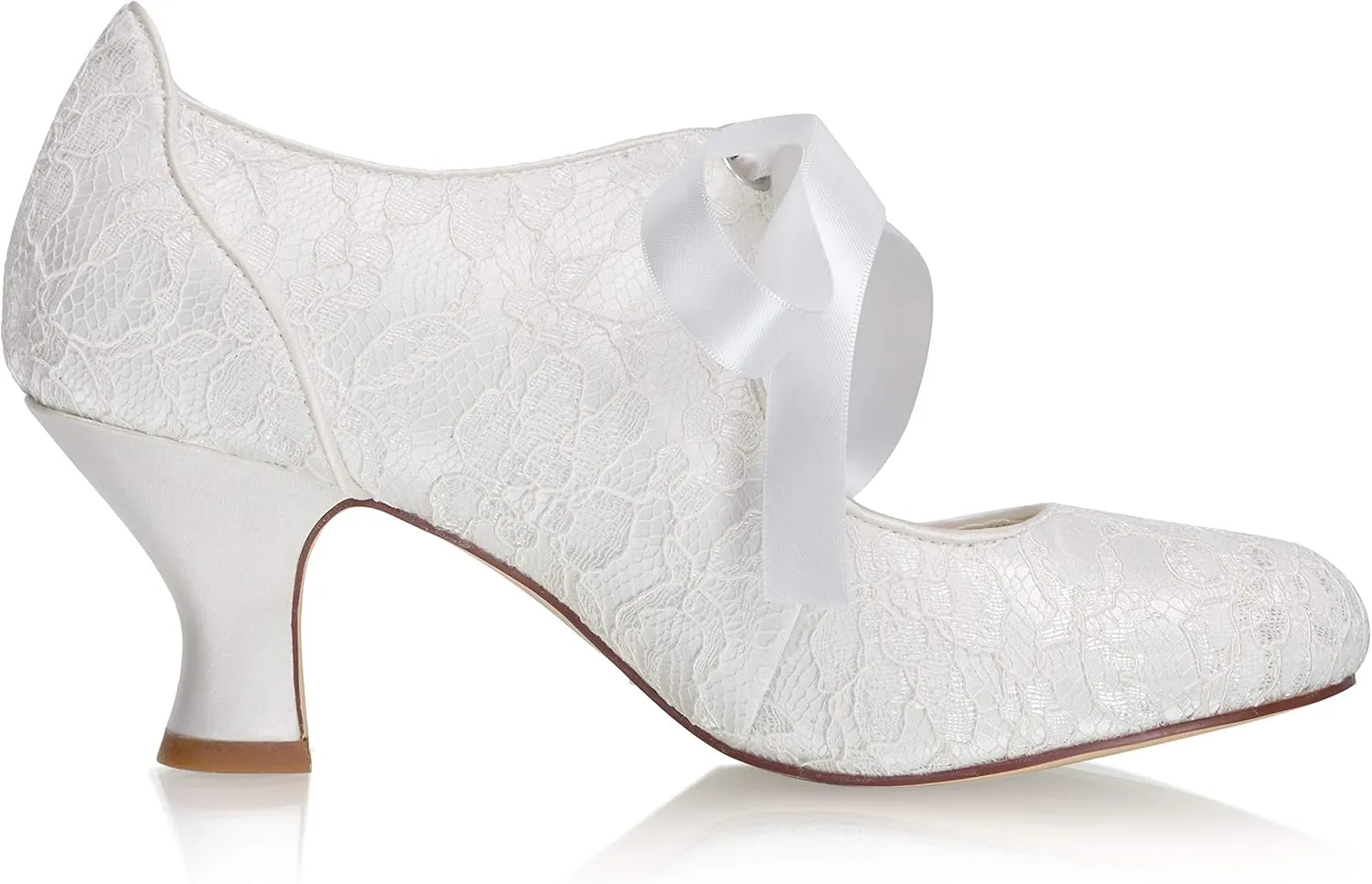 JIAJIA 110111 Women's Memory Foam Bridal Shoes Closed Toe 2.4'' Block Mid Heel Lace Satin Pumps Ribbon Tie Wedding Shoes