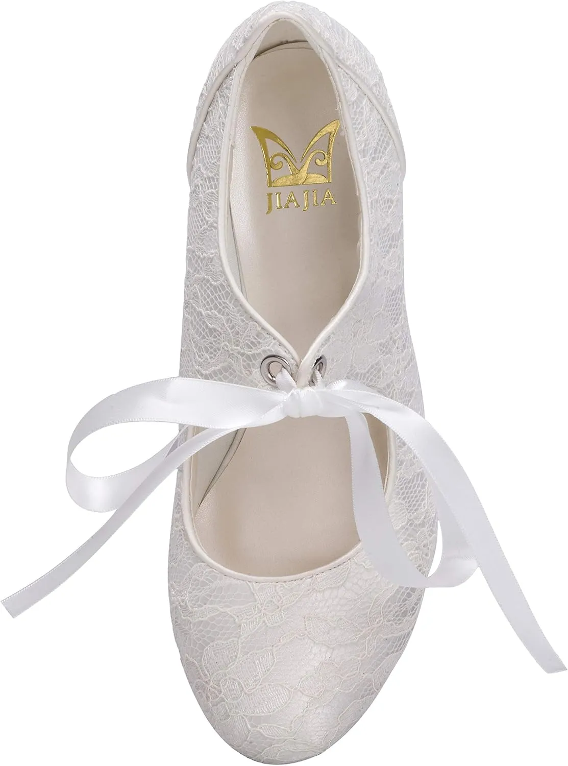 JIAJIA 110111 Women's Memory Foam Bridal Shoes Closed Toe 2.4'' Block Mid Heel Lace Satin Pumps Ribbon Tie Wedding Shoes