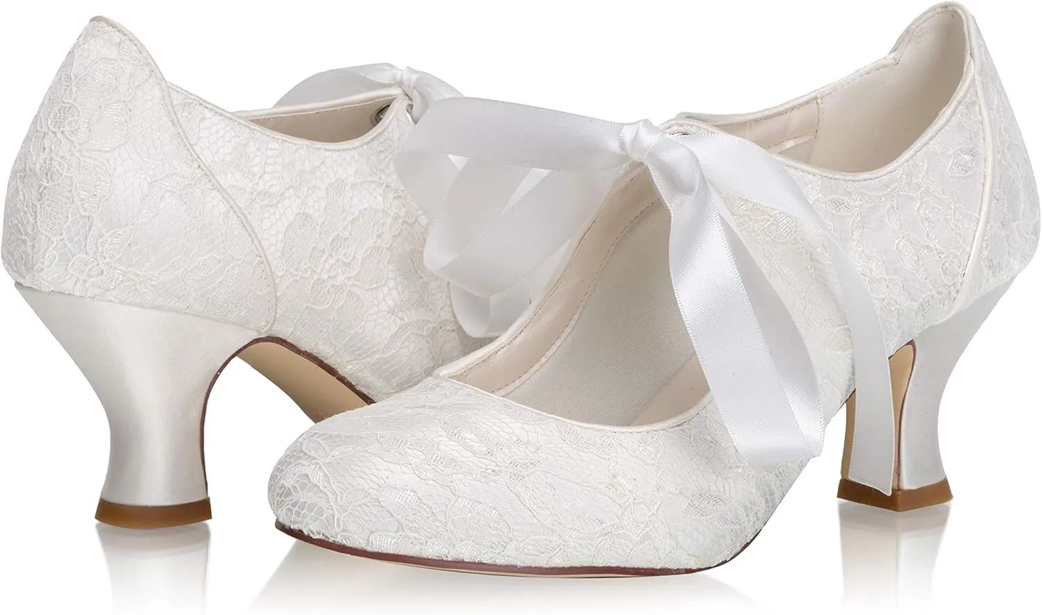 JIAJIA 110111 Women's Memory Foam Bridal Shoes Closed Toe 2.4'' Block Mid Heel Lace Satin Pumps Ribbon Tie Wedding Shoes