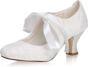 JIAJIA 110111 Women's Memory Foam Bridal Shoes Closed Toe 2.4'' Block Mid Heel Lace Satin Pumps Ribbon Tie Wedding Shoes