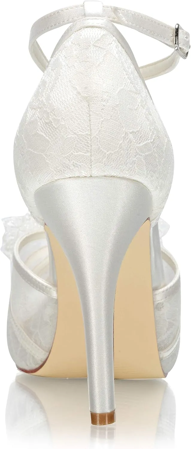 JIAJIA 154813 Women's Bridal Shoes Peep Toe 4.1'' High Heel Lace Satin Pumps Flower Wedding Shoes