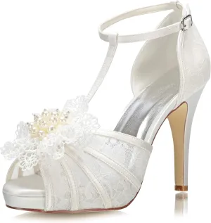 JIAJIA 154813 Women's Bridal Shoes Peep Toe 4.1'' High Heel Lace Satin Pumps Flower Wedding Shoes