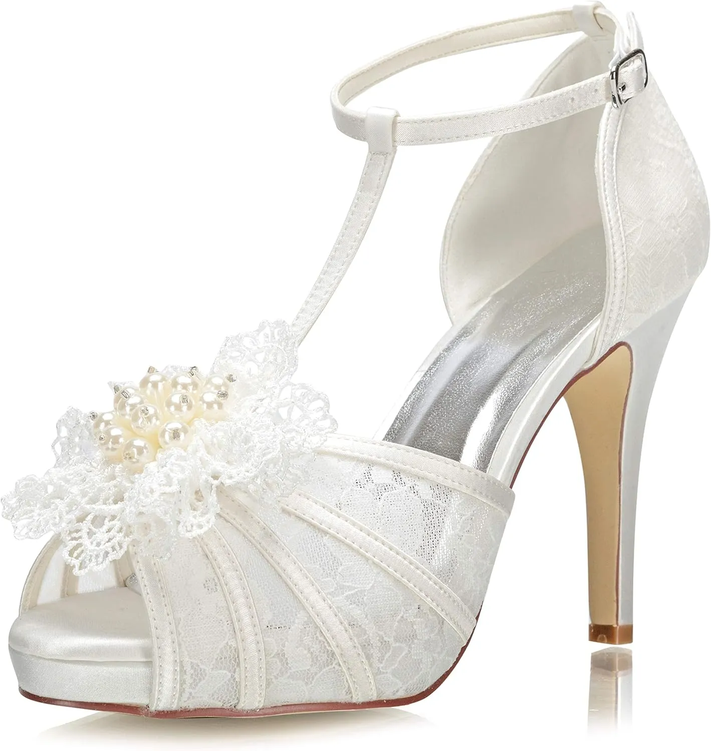 JIAJIA 154813 Women's Bridal Shoes Peep Toe 4.1'' High Heel Lace Satin Pumps Flower Wedding Shoes