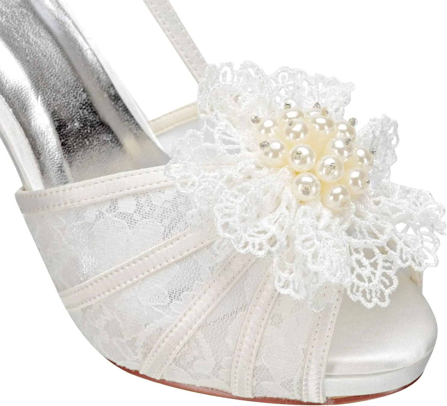 JIAJIA 154813 Women's Bridal Shoes Peep Toe 4.1'' High Heel Lace Satin Pumps Flower Wedding Shoes