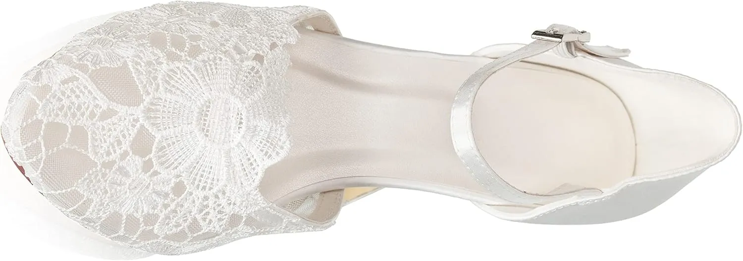 JIAJIA 45310 Women's Bridal Shoes Closed Toe 2.4" Mid Heel Lace Satin Pumps Satin Flower Hollow Out Wedding Shoes